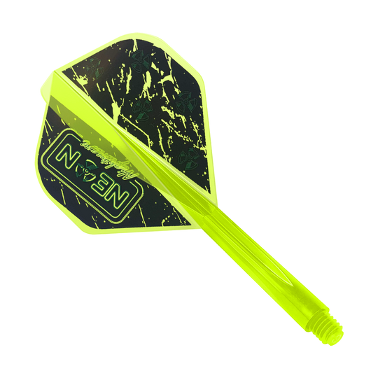 Condor AX Stowe Buntz Neon Nightmare Flight System Geel - Standaard Dieses Bild zeigt das Produkt "Condor AXE Stowe Buntz Neon Nightmare Flight-System Gelb - Standard". Es handelt sich um ein neon-gelbes Dart-Flight-System mit schwarzem und gelbem Muster.