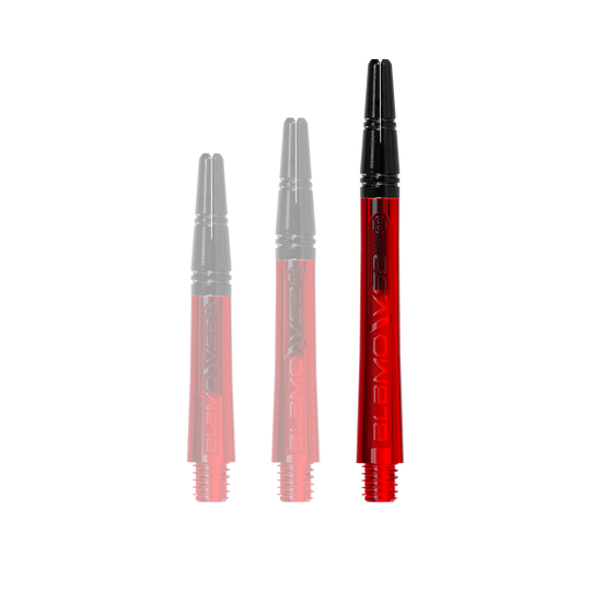Das Bild zeigt drei Dartshafts in unterschiedlichen Längen. Sie sind rot mit schwarzen Spitzen und Schraubgewinden.