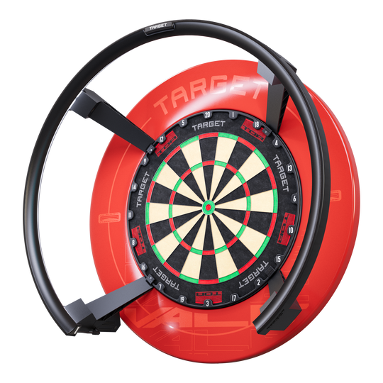 Target OMNI auto-scoring systeem Das Bild zeigt das Produkt "Target OMNI Auto-Scoring-System", ein modernes Dartboard mit automatischer Punkteerfassung. Das Dartboard ist von einem markanten roten Gehäuse und einem schwarzen Ring umgeben.
