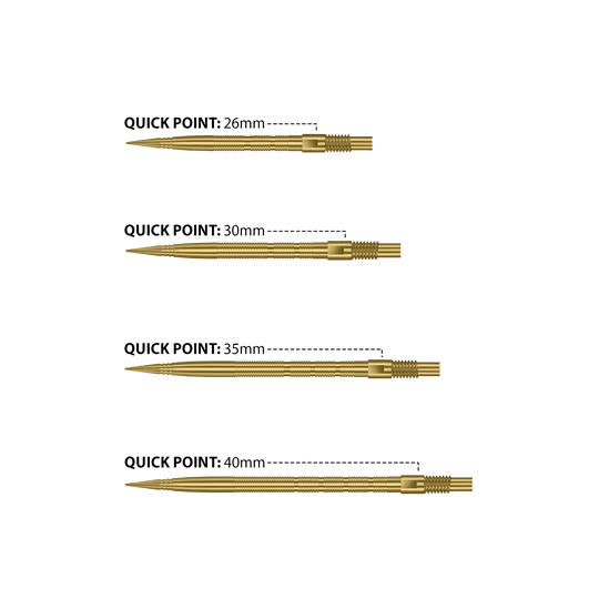 Harrows Quick Point Micro Ridge Dart Tips - Goud Das Bild zeigt Harrows Quick Point Micro Ridge Dartspitzen in Gold. Die goldene Farbe verleiht ihnen ein auffälliges Aussehen.