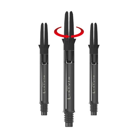 L-L-Style-Shaft Carbon Silent Straight - Zwart Das Bild zeigt drei schwarze Dart-Schäfte der Marke L-Style in einer geraden Anordnung. Über dem mittleren Schaft befindet sich ein roter Pfeil, der eine Drehbewegung anzeigt.