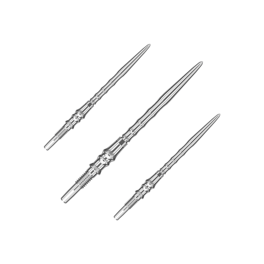 Target Japan Premium Swiss Point Dart Tips - Zilver Das Bild zeigt ein Set silberner SwissPoint-Dartspitzen mit 35 mm Länge. Diese Dartspitzen stammen aus der Target Japan Premium Kollektion.