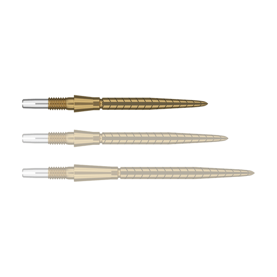 Target Swiss Storm Quartz Dartpunten - Goud Auf dem Bild sind drei goldene Dartspitzen in einer Reihe zu sehen. Sie haben ein spiralförmiges Muster und am hinteren Ende einen silbernen Abschnitt.