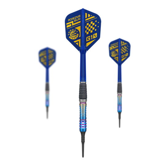 Target Japan Rising Sun GEN10 zachte darts - 21,5 g Auf dem Foto ist das Set Target Japan Rising Sun GEN10 Softdarts - 21,5g zu sehen. Das Set enthält mehrere hochwertige Dartpfeile.
