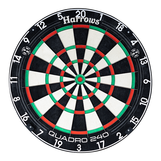 Harrows Quadro 240 stalen dartbord Harrows Quadro 240 Steeldartboard ist auf dem Bild zu sehen. Die Segmente und Zahlen sind klar abgebildet.