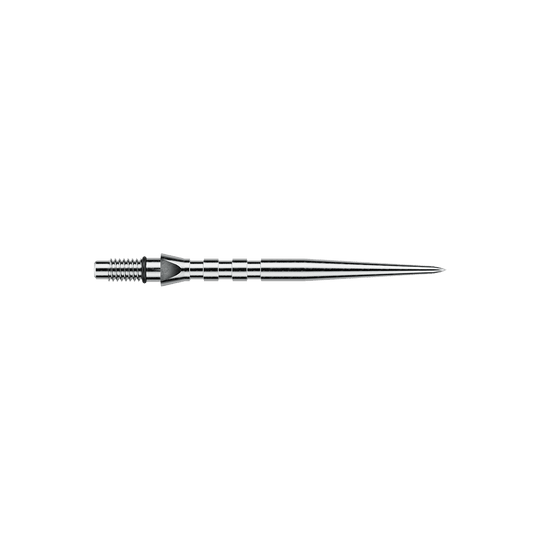 Das Bild zeigt eine silberne Winmau Switch Point Groove Steeldartspitze mit einer Länge von 30mm. Die Dartspitze hat eine strukturierte Oberfläche und ist aus Metall gefertigt.