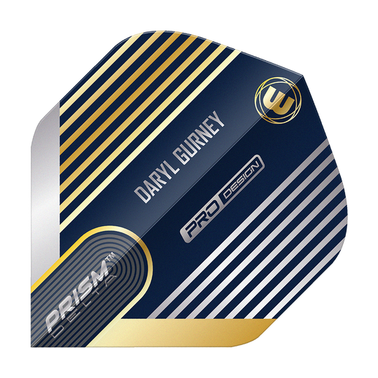 Das Bild zeigt ein Winmau Prism Delta Daryl Gurney No2 Standard Dart Flight. Das Design ist überwiegend dunkelblau mit silbernen und goldenen Streifen und enthält den Namen "Daryl Gurney".