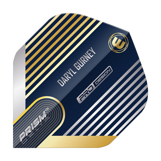 Winmau Prism Delta Daryl Gurney No2 Standaardvluchten Das Bild zeigt ein Winmau Prism Delta Daryl Gurney No2 Standard Dart Flight. Das Design ist überwiegend dunkelblau mit silbernen und goldenen Streifen und enthält den Namen "Daryl Gurney".