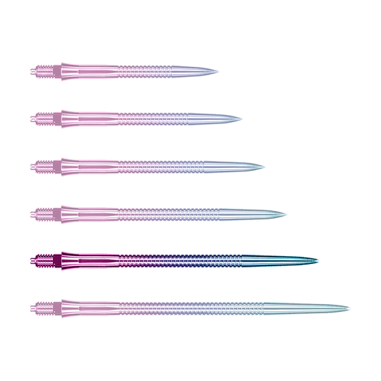 Caliburn EZ-EVO dartpunten - Gegroefd - Regenboog Dargestellt ist eine einzelne Caliburn EZ-EVO Dartspitze in 45 mm Länge und grooved Rainbow-Design. Die Spitze leuchtet in Regenbogenfarben und hat ein geriffeltes Muster.