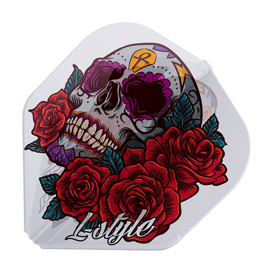 Das Bild zeigt einen Dart-Flight mit einem bunten Totenkopf und roten Rosen darauf. Unten steht das Wort "L-style" in weißer Schrift.