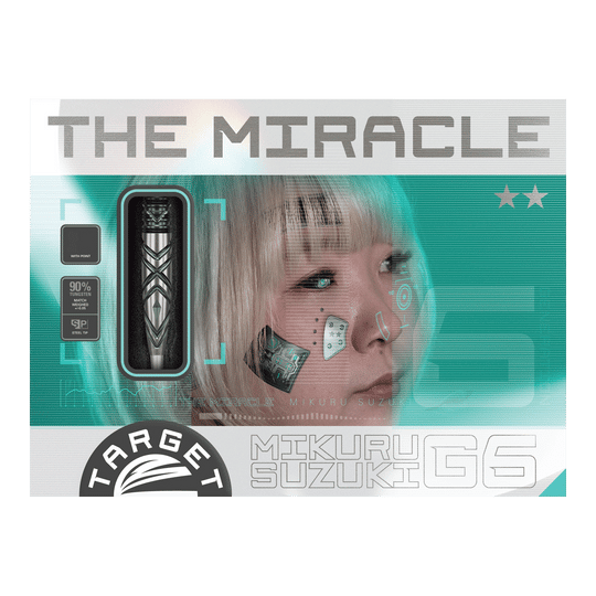 Auf der Verpackung ist ein Steeldart der Marke "Target Japan Mikuru Suzuki The Miracle GEN6 Swiss Point - 23g" zu sehen. Daneben ist ein Porträt einer Frau mit grafischen Elementen im futuristischen Stil abgebildet.