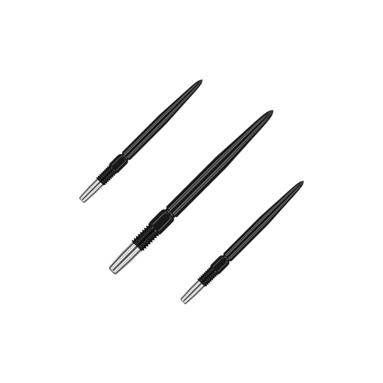 Target Swiss Point Black dartpunten Das Bild zeigt drei schwarze Dartspitzen mit silbernem Gewinde. Sie sind in unterschiedlicher Ausrichtung auf einem einfarbigen Hintergrund angeordnet.
