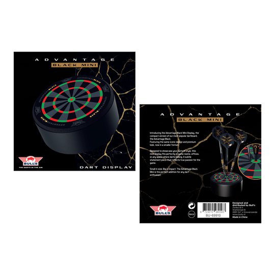Das Bild zeigt den Bulls NL Advantage Black Mini Dart Display Darthalter. Der Halter ist ideal zur Ausstellung von Mini-Darts.