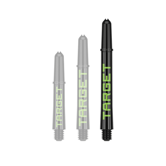 Target Pro Grip TAG Shafts - 3 Sets - Zwart Groen Ein Dart-Schaft mit auffällig langem Profil ist zu sehen. Die Farbgebung und Oberfläche sind gut erkennbar.