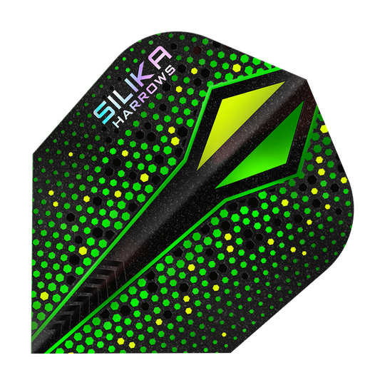 Harrows Silika Colorshift sterke kristallijne coating Green-X No6 Flights Abgebildet ist ein Flight der Harrows Silika Colourshift Tough Crystalline Coating Green-X No6 Flights. Es sind verschiedene Designelemente zu erkennen.