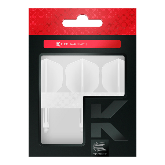 Target K-Flex No6 Vluchtsysteem - Wit Die Abbildung zeigt eine Packung mit weißen Dartflights und -shafts der Marke Target. Die Verpackung ist in Schwarz und Rot gehalten und trägt die Aufschrift "K FLEX | No6 SHAPE".