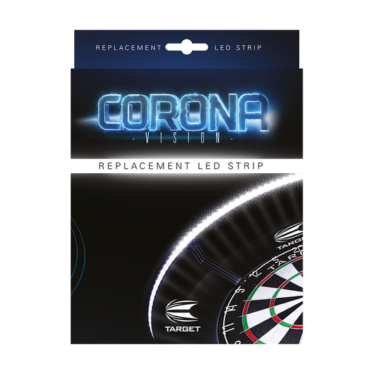 119655_Target-Corona-Ersatzteil-LED-Band-4 Das Bild zeigt die Verpackung des Produkts „Target CORONA Vision Ersatzteil LED-Band“. Es ist als Ersatz-LED-Streifen für eine Dartboard-Beleuchtung dargestellt.