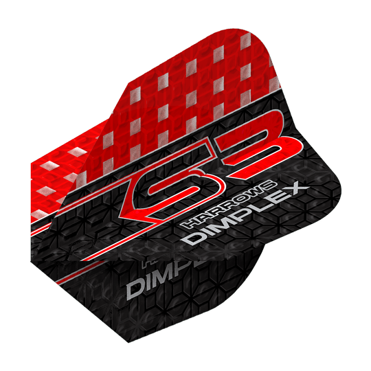Harrows Dimplex S3 Flights - Rood Das Bild zeigt ein Harrows Dimplex S3 Flight in den Farben Rot und Schwarz. Auf dem Flight steht der Schriftzug "S3 Harrows Dimplex" in auffälligen Buchstaben.