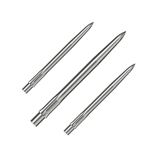 Caliburn System Steel Dart Tips - Glad - Zilver Auf dem Bild sind drei silberne, glatte Stahlspitzen für Dartpfeile zu sehen. Sie sind ordentlich nebeneinander angeordnet und haben eine Länge von 32 mm.
