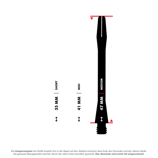 HR366_Harrows_Keramic_Shafts_5_47mmhPzYHInu0aDnG Das Bild zeigt die Harrows Keramic Shafts in Matt Schwarz mit drei verschiedenen Längenoptionen. Die Längen sind 35 mm (Short), 41 mm (Midi) und 47 mm (Medium), gemessen ab dem Ende des Gewindes bis zur Oberkante.