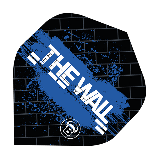 Bulls B-Star Martin Schindler Zwart Blauw No2 Standaard Vluchten Das Bild zeigt ein Dartflight im schwarzen und blauen Design mit der Aufschrift "THE WALL". Im Hintergrund ist ein Ziegelmuster zu sehen, und unten befindet sich ein rundes Logo mit einem "B".