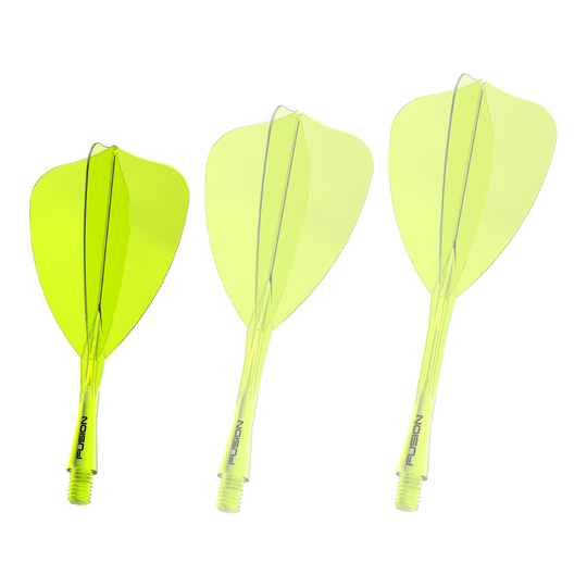 Das Bild zeigt ein Dartshaft- und Flight-System in Neongelb mit einer Länge von 22 mm. Es handelt sich um das 'Fusion Flight Shaft System Arrow' von Winmau.