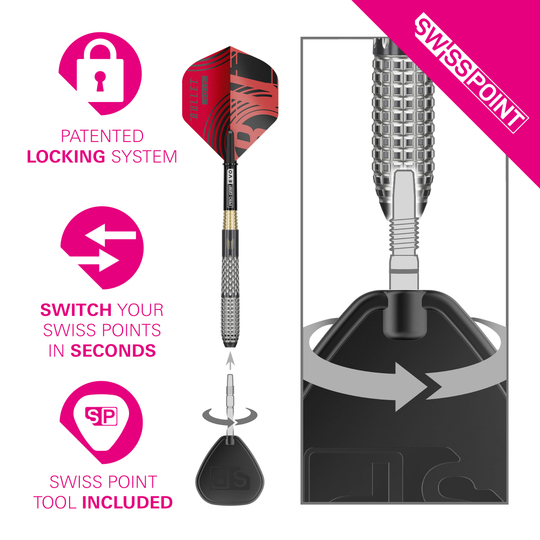 Target Stephen Bunting GEN5 Void Swiss Point stalen dartpijlen Das Bild präsentiert die Target Stephen Bunting GEN5 Void Swiss Point Steeldarts. Diese Darts sind für Präzision und Leistung bekannt.