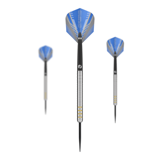 Shot Ritchie Edhouse Core Steel Darts Das Bild zeigt die Shot Ritchie Edhouse Core Steeldarts. Es handelt sich um ein Set von hochwertigen Steeldarts für Dartspieler.