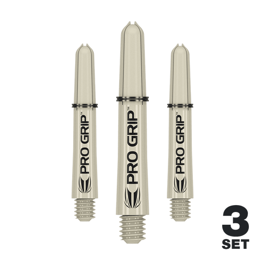 Target Pro Grip Shafts - 3 sets - Zand Das Bild zeigt drei sandfarbene "Pro Grip" Dartschäfte der Marke Target. Unten rechts steht "3 Set", was darauf hinweist, dass es sich um ein Set mit drei Schäften handelt.