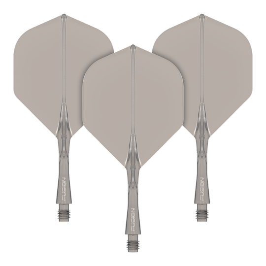 Winmau Fusion Flight Shaft System Standaard Smokey Das Bild zeigt drei graue Dart-Flights mit transparenten Schäften. Sie sind ordentlich nebeneinander angeordnet und haben eine standardisierte Pfeilform.