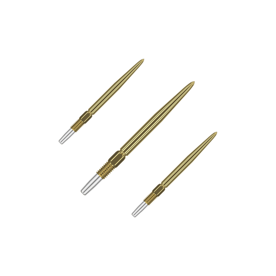 Target Swiss Point Gold darttips Eine Packung kurze Dartspitzen mit goldener Oberfläche liegt offen da. Die Spitzen sind gleichmäßig angeordnet.