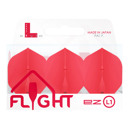 L-Style Champagne L1EZ Standaard Vluchten Das Bild zeigt eine Packung mit roten L-Style Champagne L1EZ Standard Flights. Die Verpackung ist durchsichtig und trägt die Aufschrift "Made in Japan".