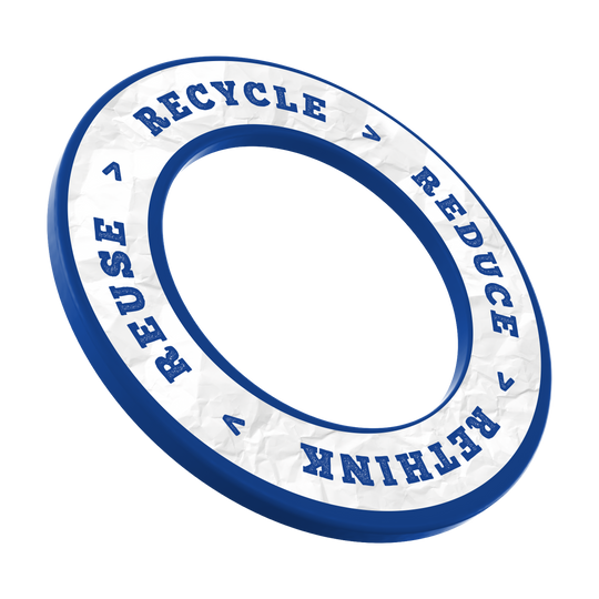 McDart Recyclen Verminderen Heroverwegen Hergebruiken Dartbord Omranding Auf dem Bild ist das Produkt DBS-RRRR3_Surround_Recyle_Reuse_Reduce_Rethink_Blau_3 zu sehen. Es dürfte ein umweltfreundlicher Artikel in blauer Farbe sein.