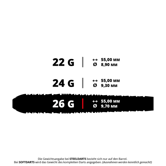 Zu sehen ist ein Harrows Heavy Metal Ryan Searle Steeldart mit einem Gewicht von 26 Gramm. Dieses Dartprodukt überzeugt durch seine Verarbeitung.
