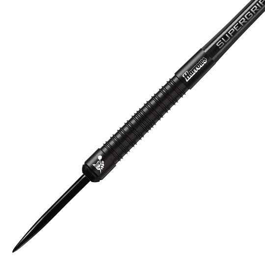 Harrows Supergrip Black Edition stalen darts Das Bild zeigt einen schwarzen Steeldart der Marke Harrows aus der Supergrip Black-Edition. Der Dart hat ein geriffeltes Griffstück und ein elegantes, komplett schwarzes Design.