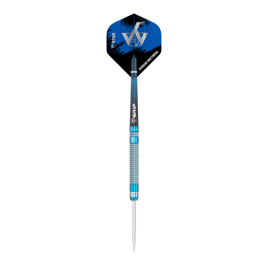 Bulls Jermaine Wattimena Generatie 3 steel darts Das Bild zeigt einen Steeldart aus der Serie "Bulls Jermaine Wattimena Generation 3". Der Dart ist silberfarben mit blauen Akzenten und hat ein modernes Flight-Design.