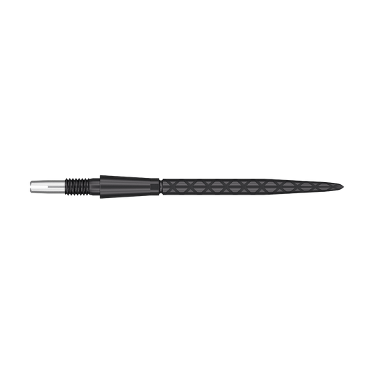 Target Swiss Storm Diamond Point Dartpunten - Zwart Das Bild zeigt eine schwarze Dartspitze mit einer feinen, rautenförmigen Gravur. Die Spitze ist lang und schmal, mit silbernen und schwarzen Elementen.