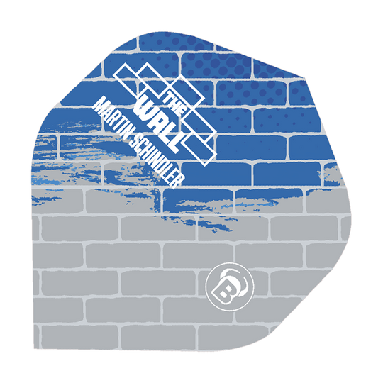 Bulls Metrixx Martin Schindler Blauw Grijs No2 Standaard Vluchten Das Bild zeigt ein Dartflight mit einem Mauer-Design in Blau und Grau. Auf dem Flight steht „THE WALL MARTIN SCHINDLER“ und das Bulls-Logo ist unten rechts zu sehen.