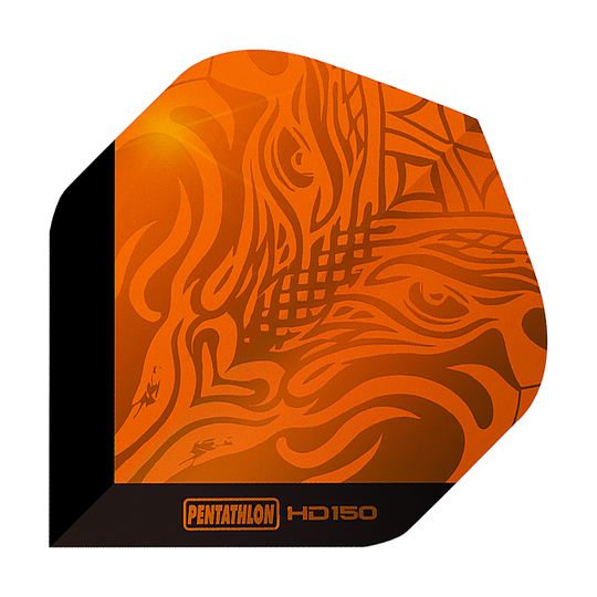 Pentatlon HD150 Metallic Oranje Standaardvluchten Das Bild zeigt ein Pentathlon HD150 Metallic Orange Standard Flight. Das Design ist orange mit metallischem Glanz und auffälligen Mustern.