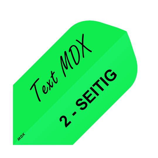 MD-453_2-Seitig_Bedruckte_Flights_Wunschtext_MDX_Gr-n_Slim_1 Das Bild zeigt ein grünes, längliches Dartflight mit schwarzer Aufschrift. Darauf steht "Text MDX" und "2 - SEITIG".