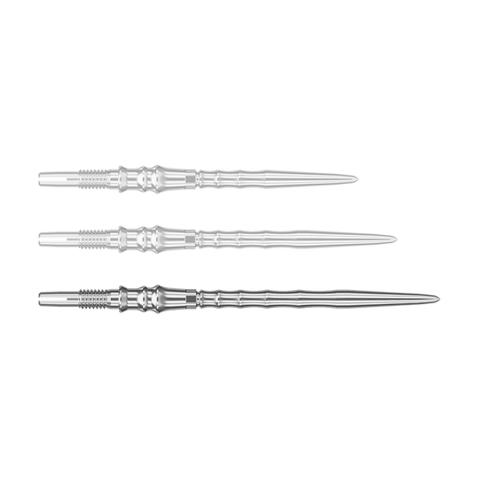 Abgebildet ist eine einzelne silberne SwissPoint-Dartspitze mit einer Länge von 40 mm. Die Spitze gehört zur Target Japan Premium Serie.
