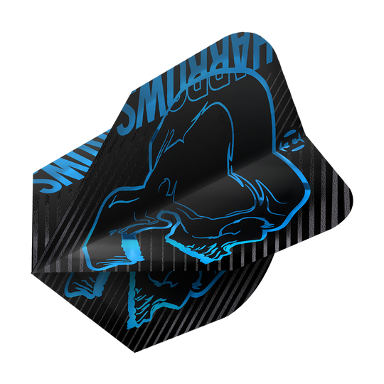 Harrows Rage Aqua No. 6 Vluchten Das Bild zeigt ein Dart-Flight des Modells "Harrows Rage Aqua No6". Das Flight ist schwarz mit einem blauen Motiv und Schriftzug gestaltet.