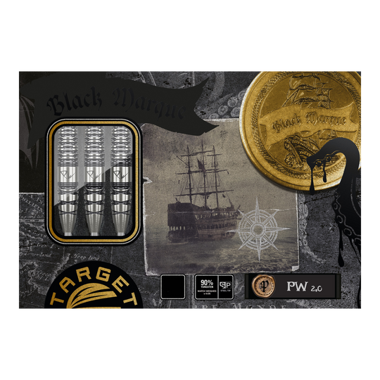 Das Bild zeigt die Verpackung der "Target Japan Black Marque PW 2 SP Steeldarts". Auf der Verpackung sind drei Darts, ein Schiff und ein goldener Münz-Print abgebildet.