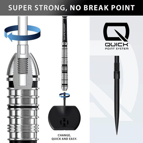 Harrows Supergrip Tapered Quick Point stalen dartpijlen Gezeigt werden die Harrows Supergrip QP Tapered Quick Point Steeldarts. Sie sind besonders für ambitionierte Spieler geeignet.