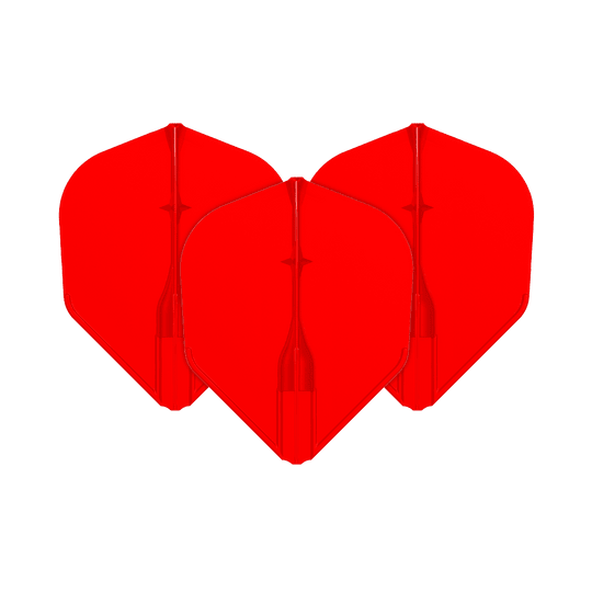 L-L-Style3EZ-vluchten Auf dem Bild sind drei rote Dart-Flights zu sehen. Sie sind nebeneinander angeordnet und haben eine klassische Pfeilform.