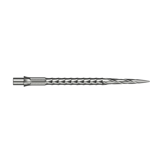 Caliburn System stalen dartpunten - Spiro - NoLip - zilver Die Abbildung zeigt ein silbernes Steeldartspitze aus dem Caliburn Evo System. Die Spitze hat ein Spiro NoLip Design und eine Länge von 40 mm.