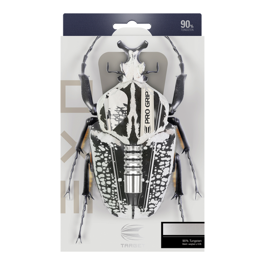 Target EXO 11 Zachte Darts Auf der Verpackung der "Target EXO 11 Softdarts" ist ein Käfer abgebildet, dessen Körper mit den Dartpfeilen kombiniert wurde. Oben steht "90% Tungsten", was auf das Material der Darts hinweist.