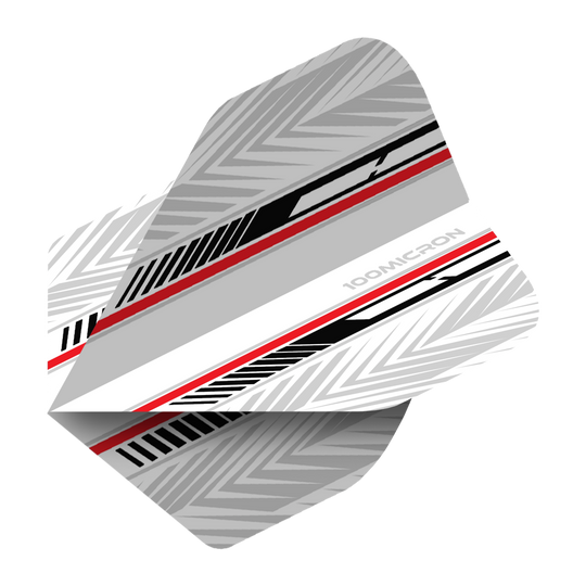 Pentathlon Flights wit/zwart/rood Das Bild zeigt ein Dart-Flight mit dem Namen "Pentathlon White Black Red No2 Standard Flights". Es ist überwiegend weiß und grau mit schwarzen und roten Akzenten und geometrischem Muster gestaltet.