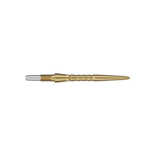 Auf dem Bild ist eine goldfarbene Steeldartspitze zu sehen. Sie hat eine schlanke, spitz zulaufende Form mit einem silbernen Ende.