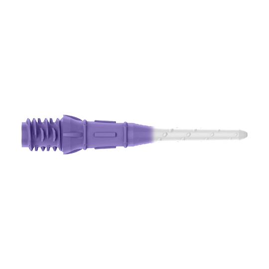 L-Style Premium Two Tone Lippoints (verpakking van 30) Das Bild zeigt eine zweifarbige Dartspitze in Lila und Weiß. Der vordere Teil ist weiß, während der hintere Teil lila ist.